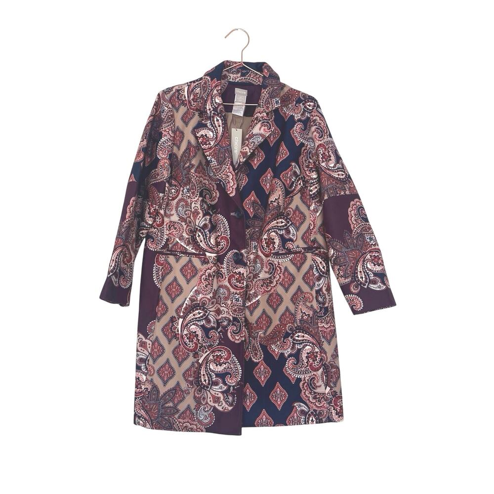 Chicos drama coat size 2 which is 12/14 petite patched print